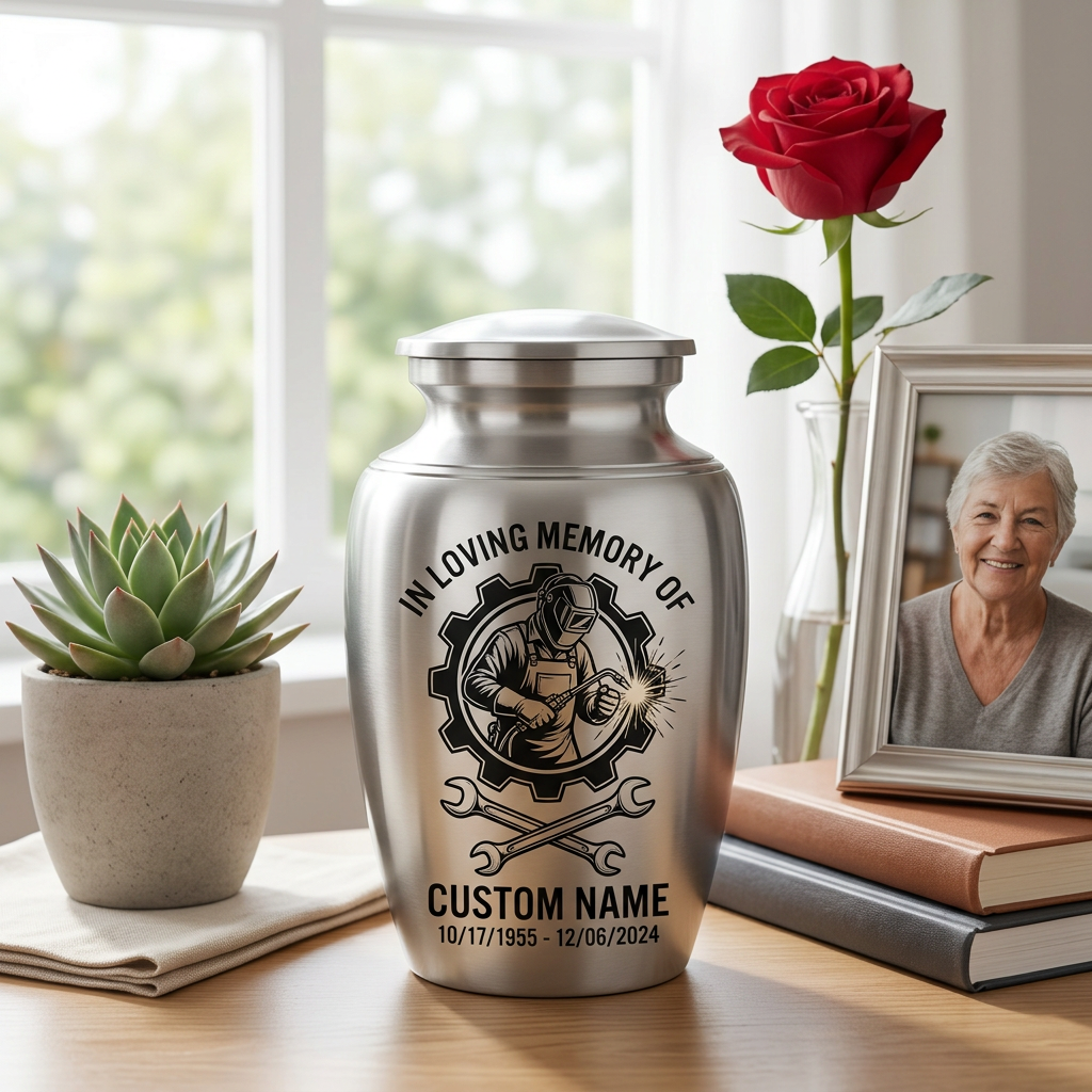 Personalized Welder Gear and Wrenches UV Printed Stainless Steel Urn for Loss of Father Husband Mechanic Bereavement Tribute Two Sizes Memorial Keepsake Urn, Memorial Gift, In Loving Memory - Image 5