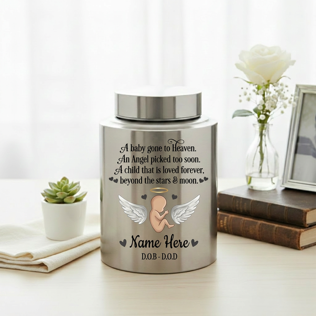 Personalized Baby Angel Stainless Steel Cremation Urn, Infant Loss Bereavement Miscarriage Keepsake for Grieving Parents, UV Printed Memorial Keepsake Urn, Memorial Gift, In Loving Memory - Image 5