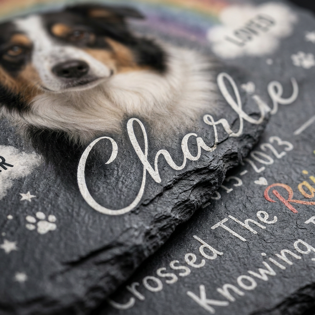 Personalized Dog Memorial Garden Stone – Rainbow Bridge Pet Loss Sympathy Gift - Image 5 | VNMGSREPR1-6IN-EHIEU_AI_0416 VNMGSREPR1-8IN-EHIEU_AI_0416