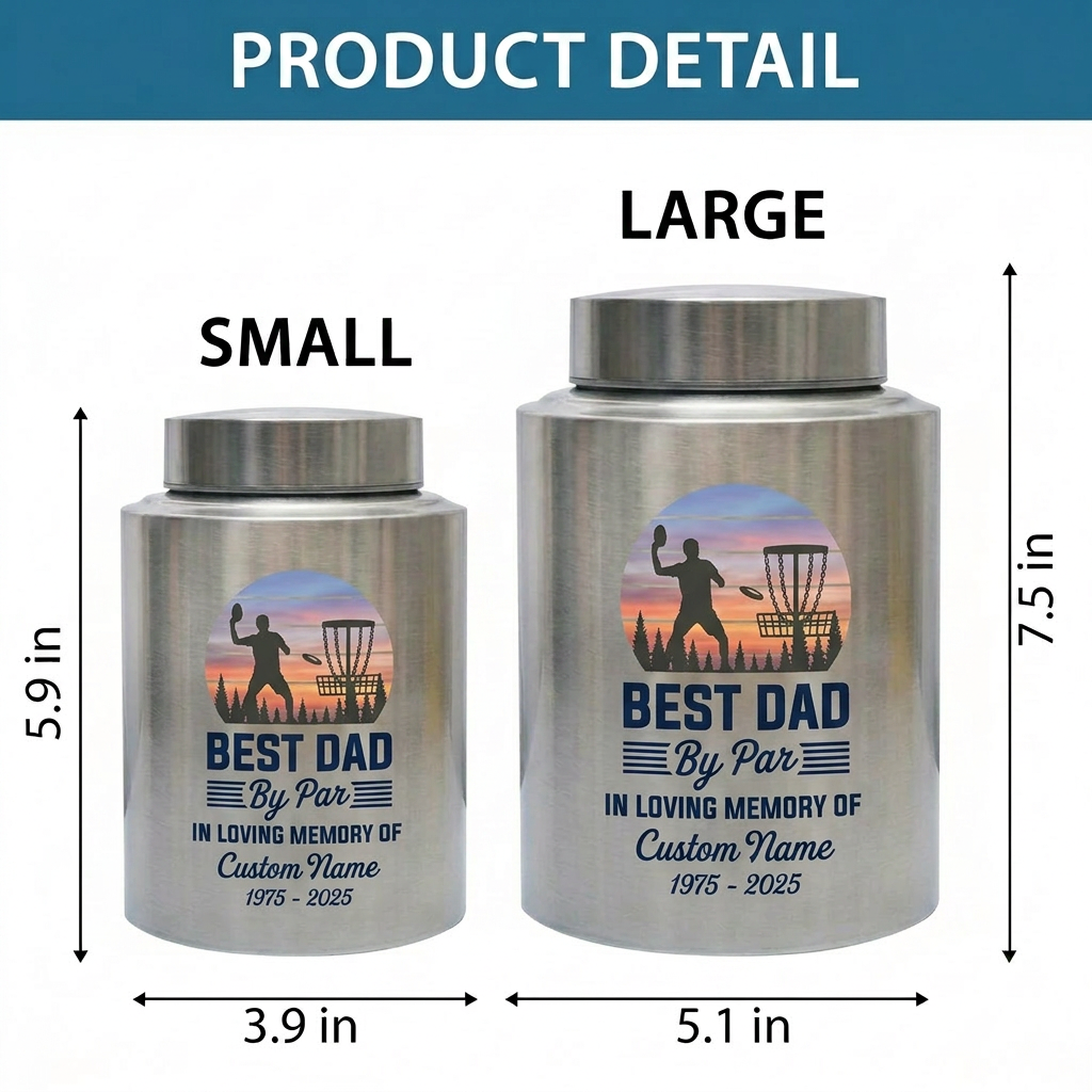 Personalized Disc Golf Dad By Par Sunset UV Printed Stainless Steel Cremation Vessel for Father Loss Sympathy Adult Ashes Small Large Sizes Memorial Keepsake Urn, Memorial Gift, In Loving Memory - Image 6