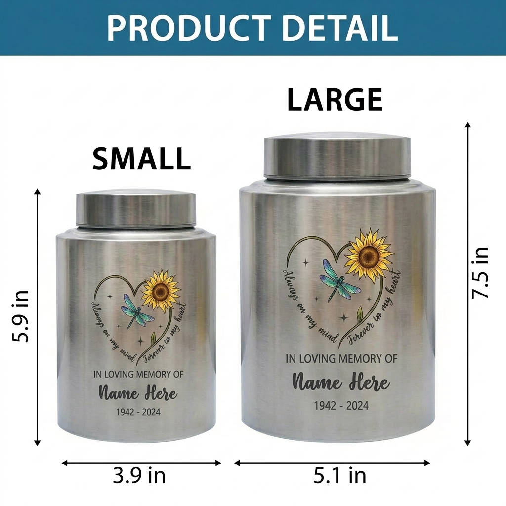 Personalized Dragonfly Moon Sunflower Stainless Steel Cremation Urn Adult Ashes Funeral Burial Bereavement Always On My Mind Memorial Keepsake Urn, Memorial Gift, In Loving Memory - Image 6