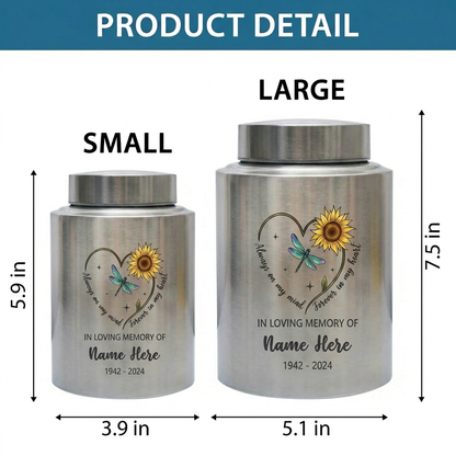 Personalized Dragonfly Moon Sunflower Stainless Steel Cremation Urn Adult Ashes Funeral Burial Bereavement Always On My Mind Memorial Keepsake Urn, Memorial Gift, In Loving Memory - Image 6