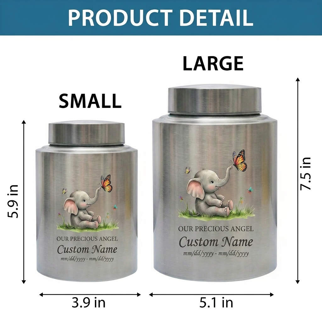Personalized Baby Elephant Stainless Steel UV Printed Infant Loss Our Precious Angel Baby Boy Girl Child Ashes Large Small Metal Cremation Urns Memorial Keepsake Urn, Memorial Gift, In Loving Memory - Image 6
