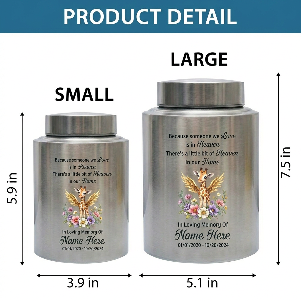 Personalized Giraffe Angel Wings Baby Loss Stainless Steel Infant Child Cremation Ashes Container Nursery Bereavement Display 5.9in 7.5in Memorial Keepsake Urn, Memorial Gift, In Loving Memory - Image 6