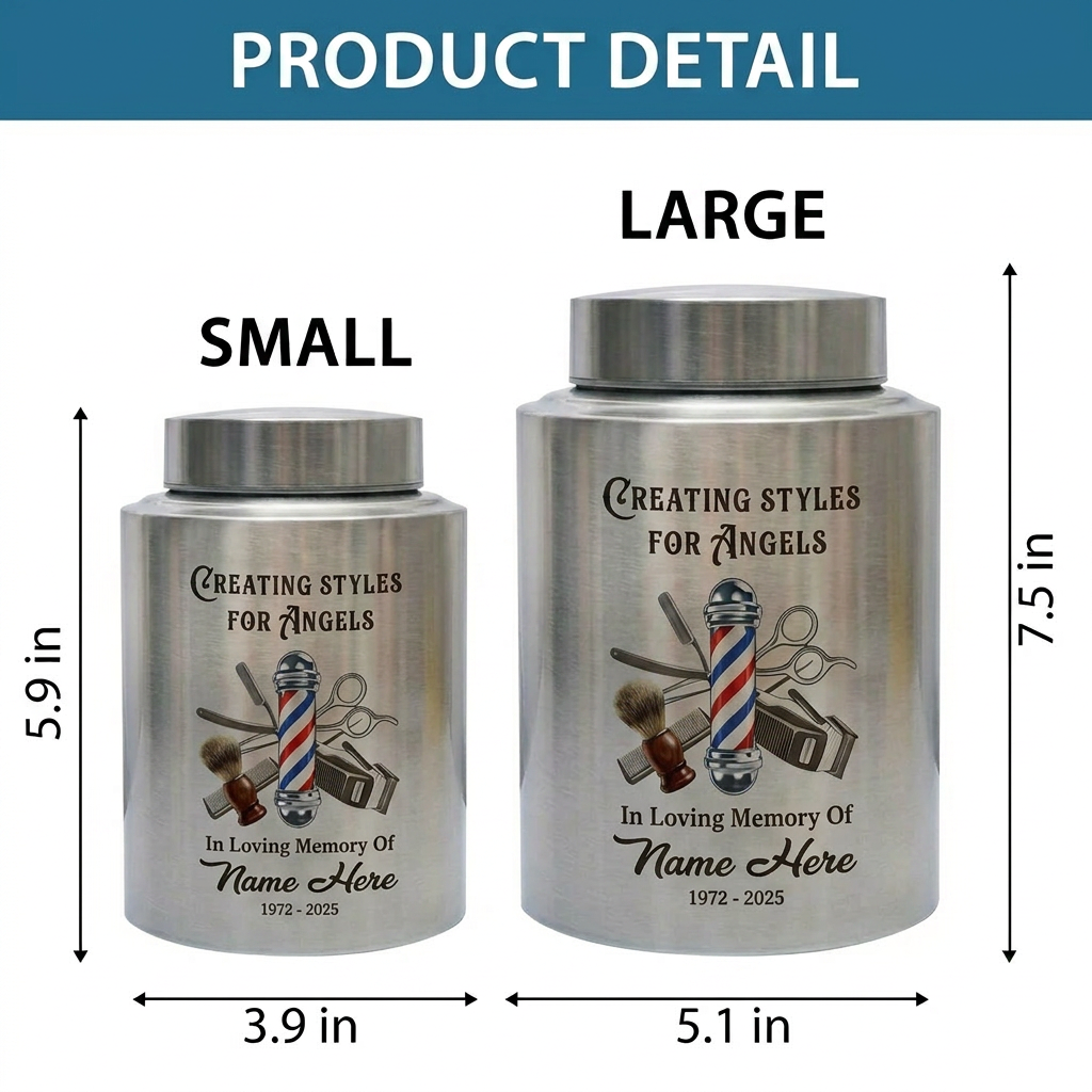 Personalized Master Barber Hair Stylist UV Printed Stainless Steel Urn for Ashes Cosmetologist Sympathy Bereavement Large Silver Black Gold Red Memorial Keepsake Urn, Memorial Gift, In Loving Memory - Image 6