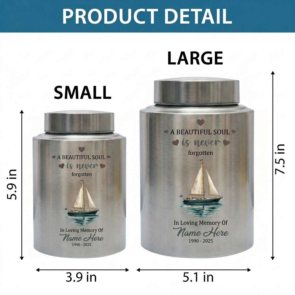 Personalized Sail Boat Stainless Steel Cremation Urn for Adult Male Female Dad Mom Large 7.5x5.1 Small 5.9x3.9 Silver Black Gold Red Memorial Keepsake Urn, Memorial Gift, In Loving Memory - Image 6