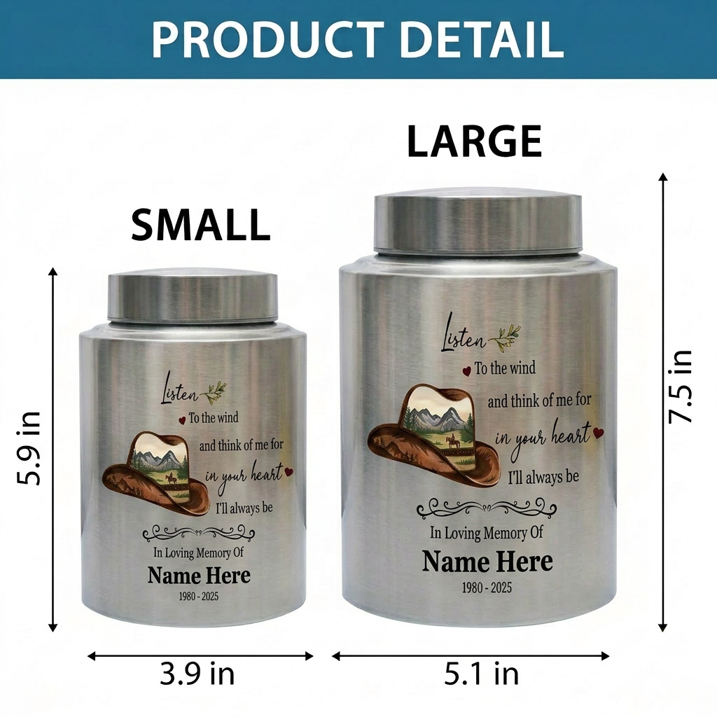 Personalized Cowboy Hat and Boots Western UV Printed Stainless Steel Cremation Urn for Adult Human Ashes Funeral Sympathy Bereavement Small Large Memorial Keepsake Urn, Memorial Gift, In Loving Memory - Image 6