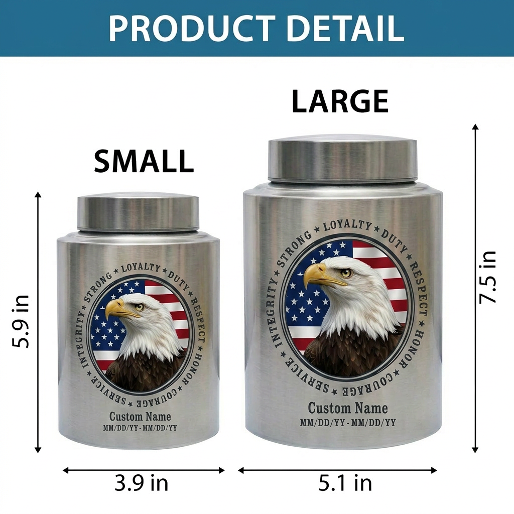 Personalized Patriotic Bald Eagle American Flag Stainless Steel Cremation Urn for Veteran Dad Men, Military Values Design Two Sizes Memorial Keepsake Urn, Memorial Gift, In Loving Memory - Image 6