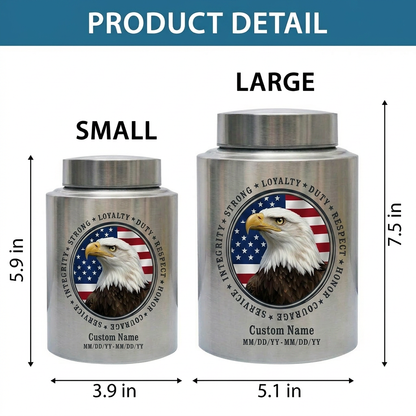 Personalized Patriotic Bald Eagle American Flag Stainless Steel Cremation Urn for Veteran Dad Men, Military Values Design Two Sizes Memorial Keepsake Urn, Memorial Gift, In Loving Memory - Image 6