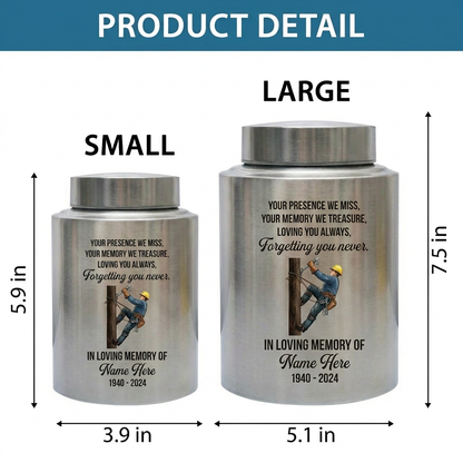Personalized Lineman Electrician Cremation UV Printed Stainless Steel for Dad Husband Human Ashes Loss Small 5.9x3.9in Large 7.5x5.1in Memorial Keepsake Urn, Memorial Gift, In Loving Memory - Image 6