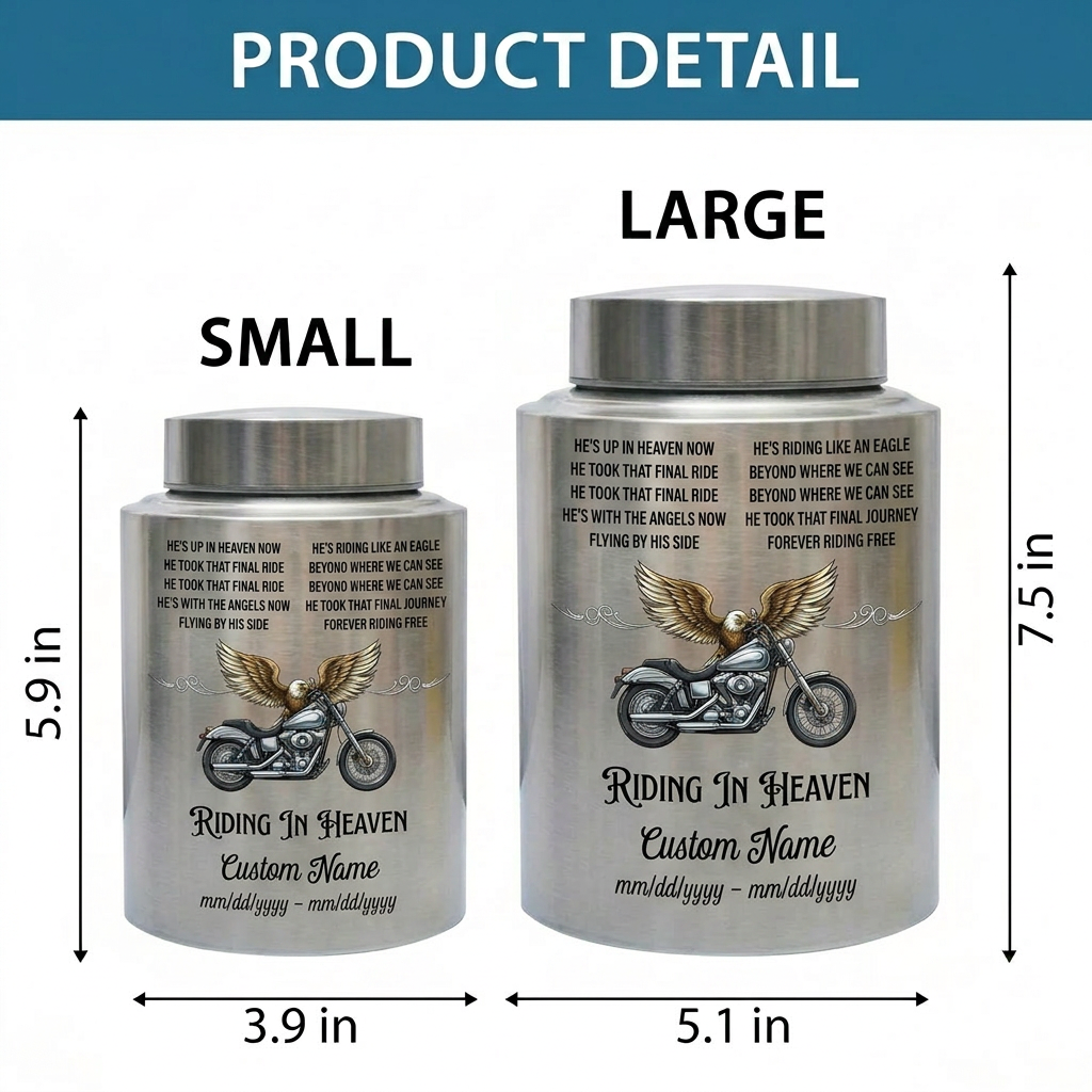 Personalized Motorcycle Riding in Heaven Stainless Steel Urn for Dad Biker Adult Male, Decorative Ash Container Small 5.9x3.9 Large 7.5x5.1, Memorial Keepsake Urn, Memorial Gift, In Loving Memory - Image 6
