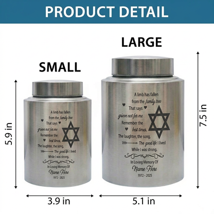 Personalized Tree of Life Jewish Star of David UV Printed Stainless Steel Urn Loss of Loved One Judaism Bereavement Tribute Large 7.5in Memorial Keepsake Urn, Memorial Gift, In Loving Memory - Image 6