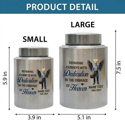Personalized Mechanic Man Design Repairing Journeys Stainless Steel Urn for Father Husband Auto Worker Tribute 2 Sizes Available Memorial Keepsake Urn, Memorial Gift, In Loving Memory - Image 6