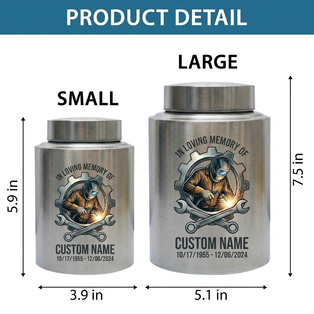 Personalized Welder Gear and Wrenches UV Printed Stainless Steel Urn for Loss of Father Husband Mechanic Bereavement Tribute Two Sizes Memorial Keepsake Urn, Memorial Gift, In Loving Memory - Image 6