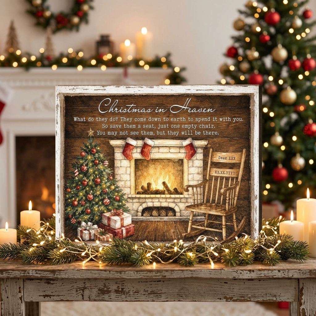 Personalized Christmas In Heaven Memorial Wall Canvas, Empty Chair Sympathy Gift With Name & Dates - Image 6