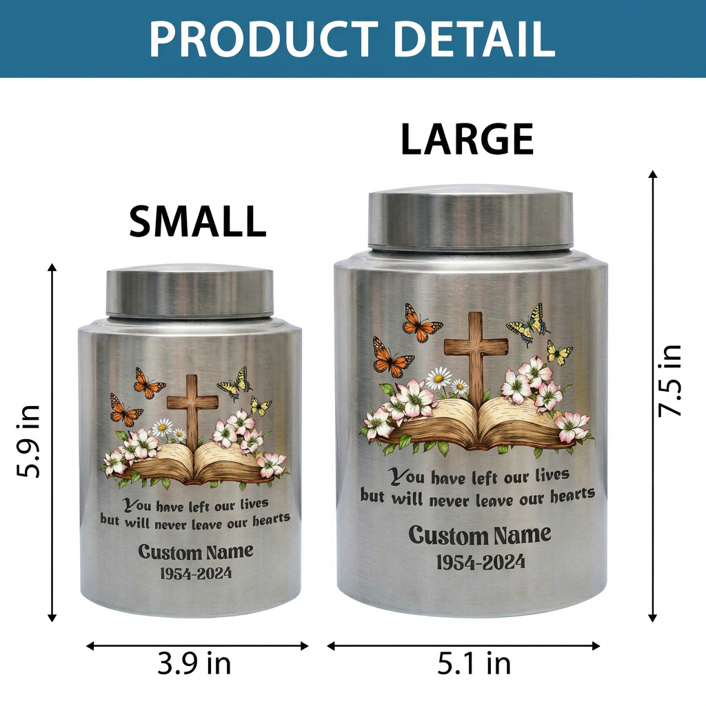 Personalized Christian Cross Bible Floral Urn, Custom Name Date Stainless Steel Adult Ash Container, Bereavement Sympathy Funeral Memorial Keepsake Urn, Memorial Gift, In Loving Memory - Image 6