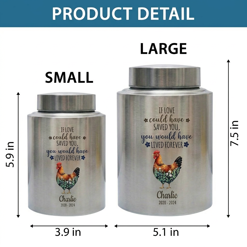 Personalized Chicken Memorial Stainless Steel Urn for Pet Ashes, Rooster Hen Loss Sympathy Gift, Custom Name Date Bird Tribute, Two Sizes, Memorial Keepsake Urn, Memorial Gift, In Loving Memory - Image 6