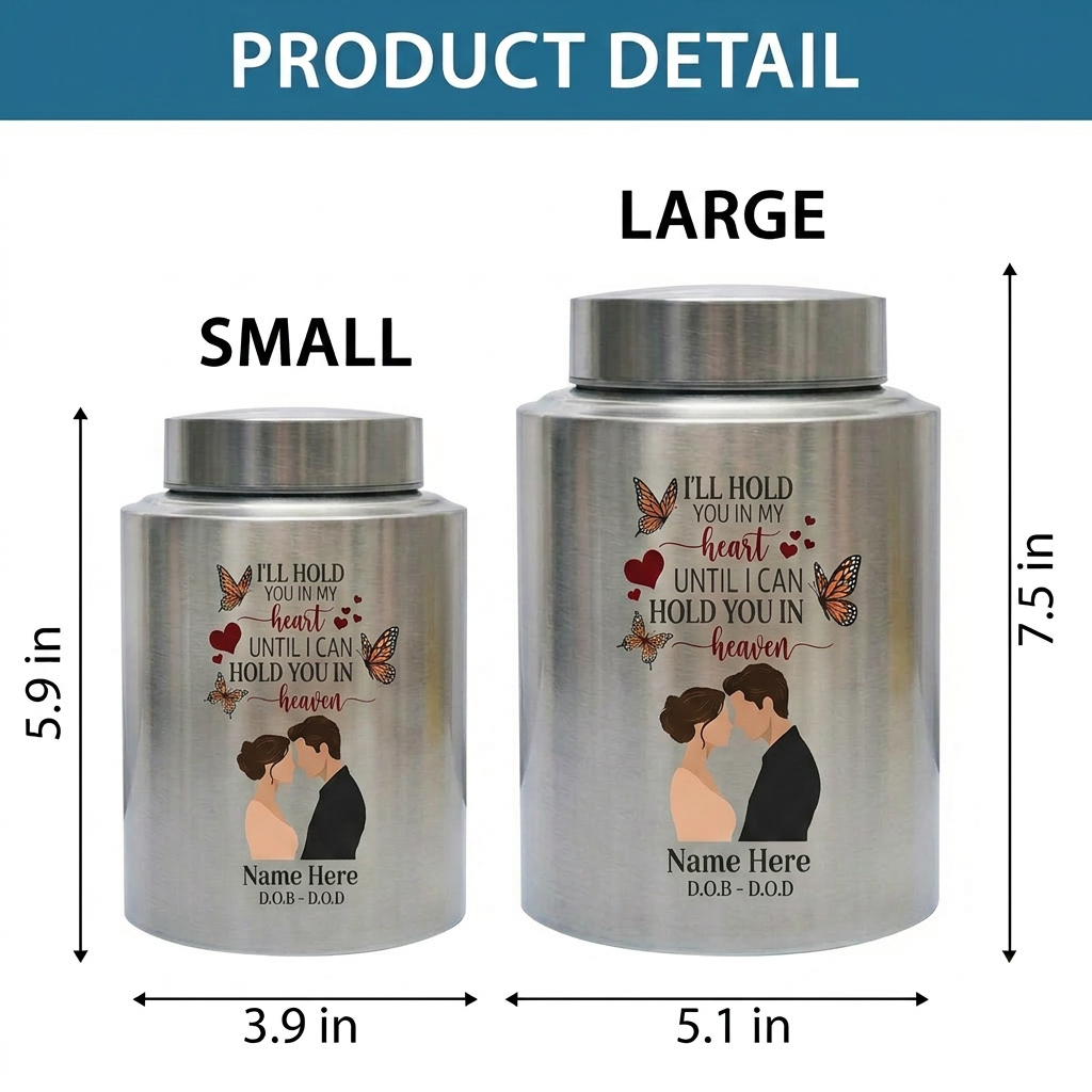 Personalized Couple In Heaven Butterfly Heart Stainless Steel Urn Loss Of Husband Widow Sympathy Bereavement Adult Ashes 2 Sizes Memorial Keepsake Urn, Memorial Gift, In Loving Memory - Image 6