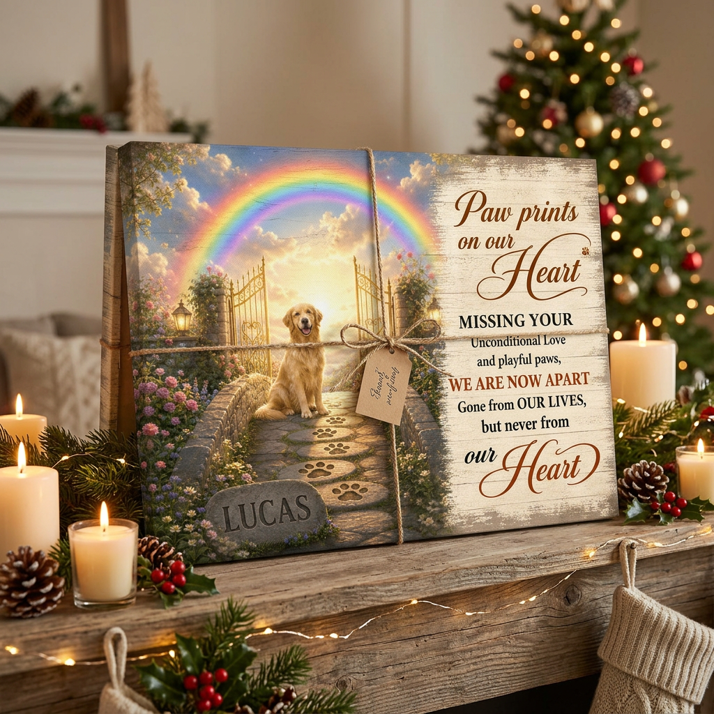 Personalized Dog Memorial Wall Canvas – Rainbow Bridge Paw Print Pet Loss Gift - Image 6