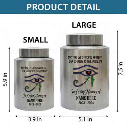 Personalized Eye of Horus Egyptian Hamsa Evil Eye Stainless Steel Cremation Container for Human Ashes Bereavement Tribute Jar Memorial Keepsake Urn, Memorial Gift, In Loving Memory - Image 6