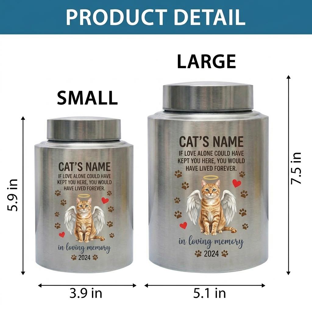 Personalized Angel Cat Silhouette Stainless Steel Pet Loss Bereavement Gift for Cat Mom Dad Custom Feline Remembrance Decor 5.9x3.9 or 7.5x5.1 in Memorial Keepsake Urn, Memorial Gift, In Loving Memory - Image 6
