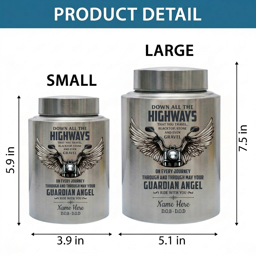 Personalized Motorcycle Riding In Heaven Guardian Angel Stainless Steel Cremation Ash Holder For Adult Male Dad Biker Large UV Print Memorial Keepsake Urn, Memorial Gift, In Loving Memory - Image 6