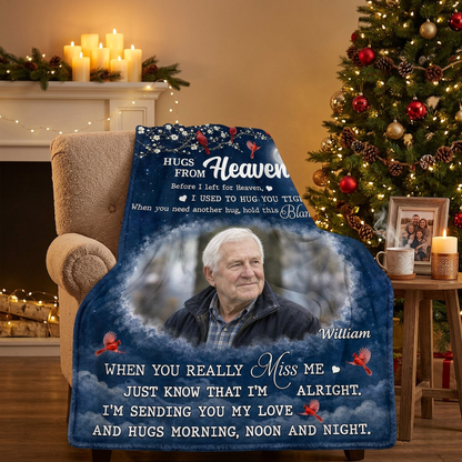 Personalized Hugs From Heaven Memorial Photo Fleece Blanket - Loss of Father Sympathy Gift - Image 6