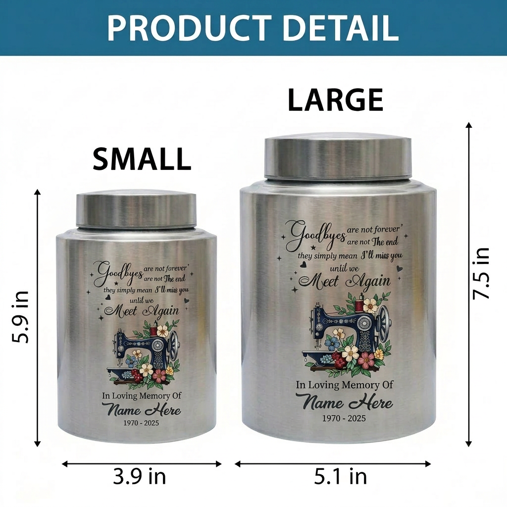 Personalized Sewing Stainless Steel Cremation Urn for Mom Grandma Crafter, Goodbyes Are Not Forever Quote Custom Name Date, Memorial Keepsake Urn, Memorial Gift, In Loving Memory - Image 6