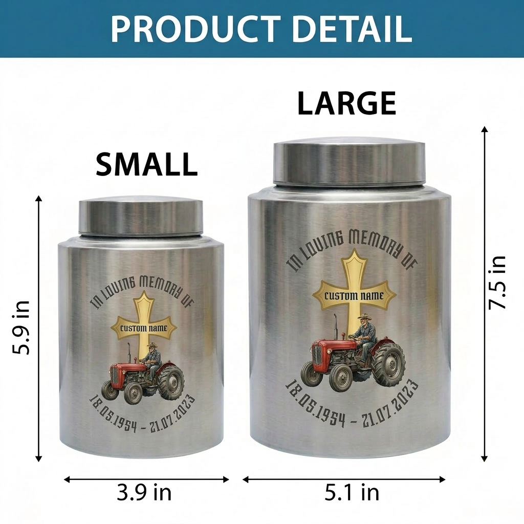 Personalized Farmer Tractor Gothic Cross Stainless Steel Urn for Human Ashes Loss of Father Grandfather Husband Decorative 5.9x3.9 7.5x5.1 Memorial Keepsake Urn, Memorial Gift, In Loving Memory - Image 6