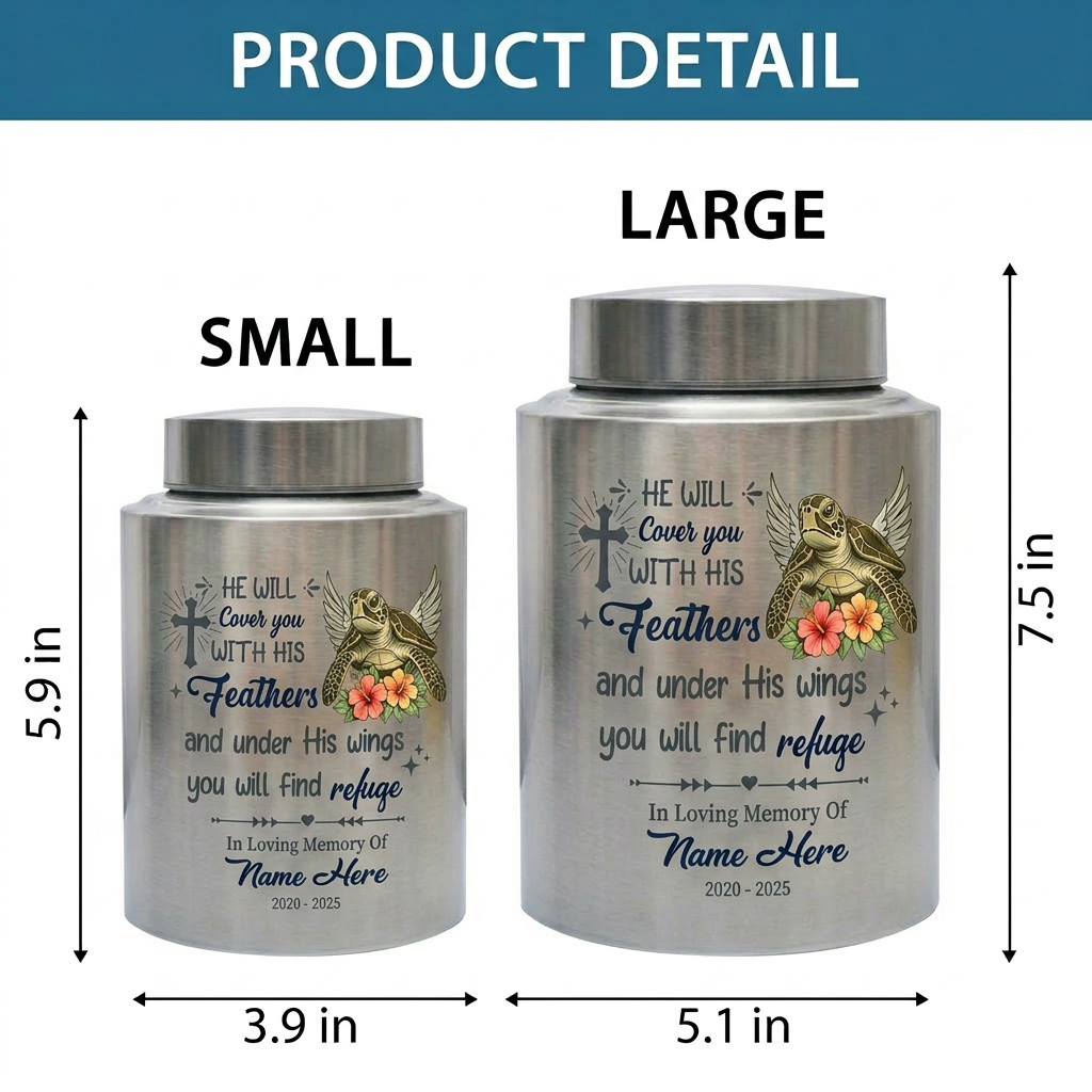 Personalized Sea Turtle Christian Cremation Urn for Human Ashes, He Will Cover You With His Feathers, Custom Name & Dates, Small & Large, Memorial Keepsake Urn, Memorial Gift, In Loving Memory - Image 6