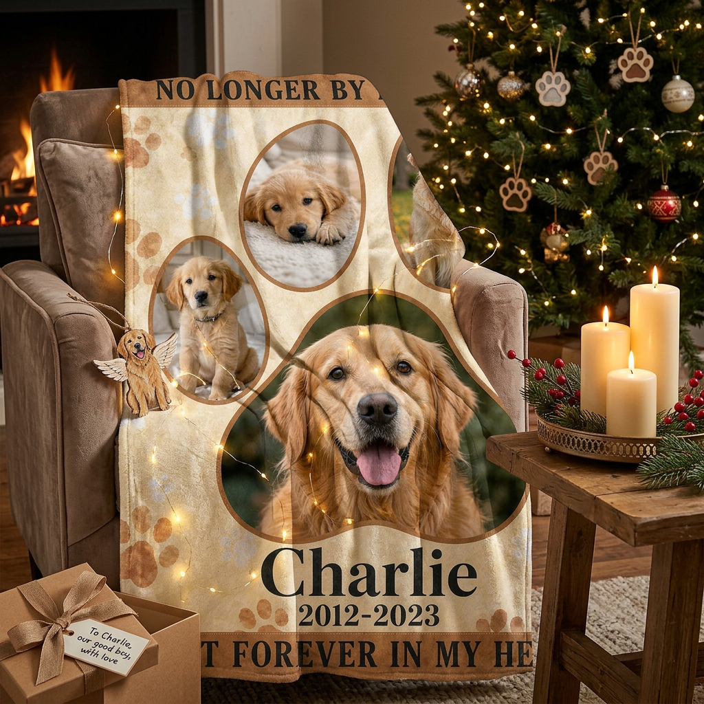 Personalized Pet Memorial Photo Fleece Blanket for Dog Loss - Paw Print Keepsake Gift - Image 6
