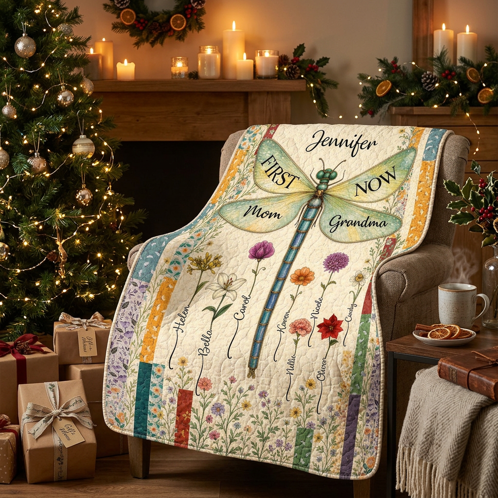 Personalized Dragonfly Birth Flower Fleece Blanket for Mom Grandma, First Now Family Gift - Image 6