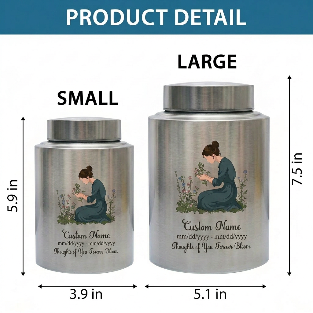Personalized Gardening Theme Stainless Steel Cremation Urn for Mom Grandma, Custom Name Date Thoughts of You Forever Bloom Floral Ashes Holder, Memorial Keepsake Urn, Memorial Gift, In Loving Memory - Image 6