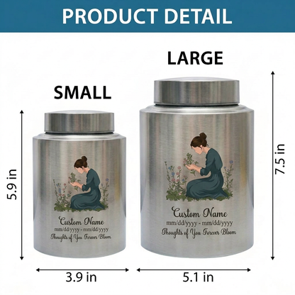 Personalized Gardening Theme Stainless Steel Cremation Urn for Mom Grandma, Custom Name Date Thoughts of You Forever Bloom Floral Ashes Holder, Memorial Keepsake Urn, Memorial Gift, In Loving Memory - Image 6