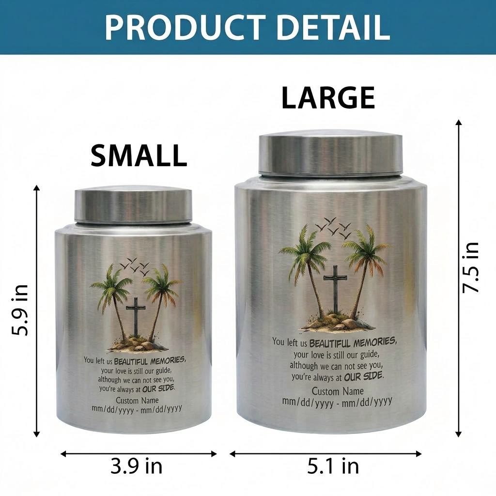 Personalized Beach Palm Tree Cross Stainless Steel Funeral Urn for Loss of Mom Dad Loved One Adult Human Ashes Small Large Memorial Keepsake Urn, Memorial Gift, In Loving Memory - Image 6