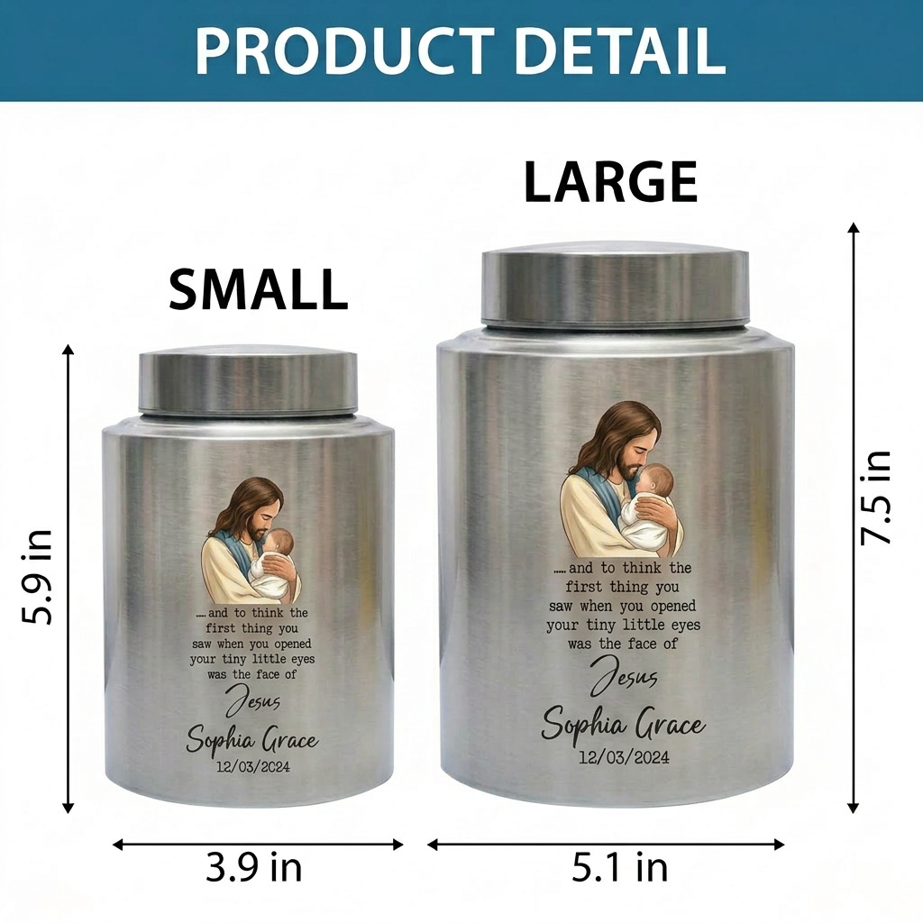 Personalized Baby of Jesus Infant Loss UV Printed Stainless Steel Urn for Child Boy Girl Miscarriage Bereavement Large Two Sizes Memorial Keepsake Urn, Memorial Gift, In Loving Memory - Image 6