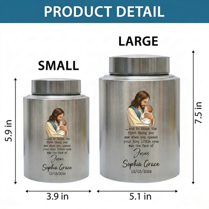 Personalized Baby of Jesus Infant Loss UV Printed Stainless Steel Urn for Child Boy Girl Miscarriage Bereavement Large Two Sizes Memorial Keepsake Urn, Memorial Gift, In Loving Memory - Image 6