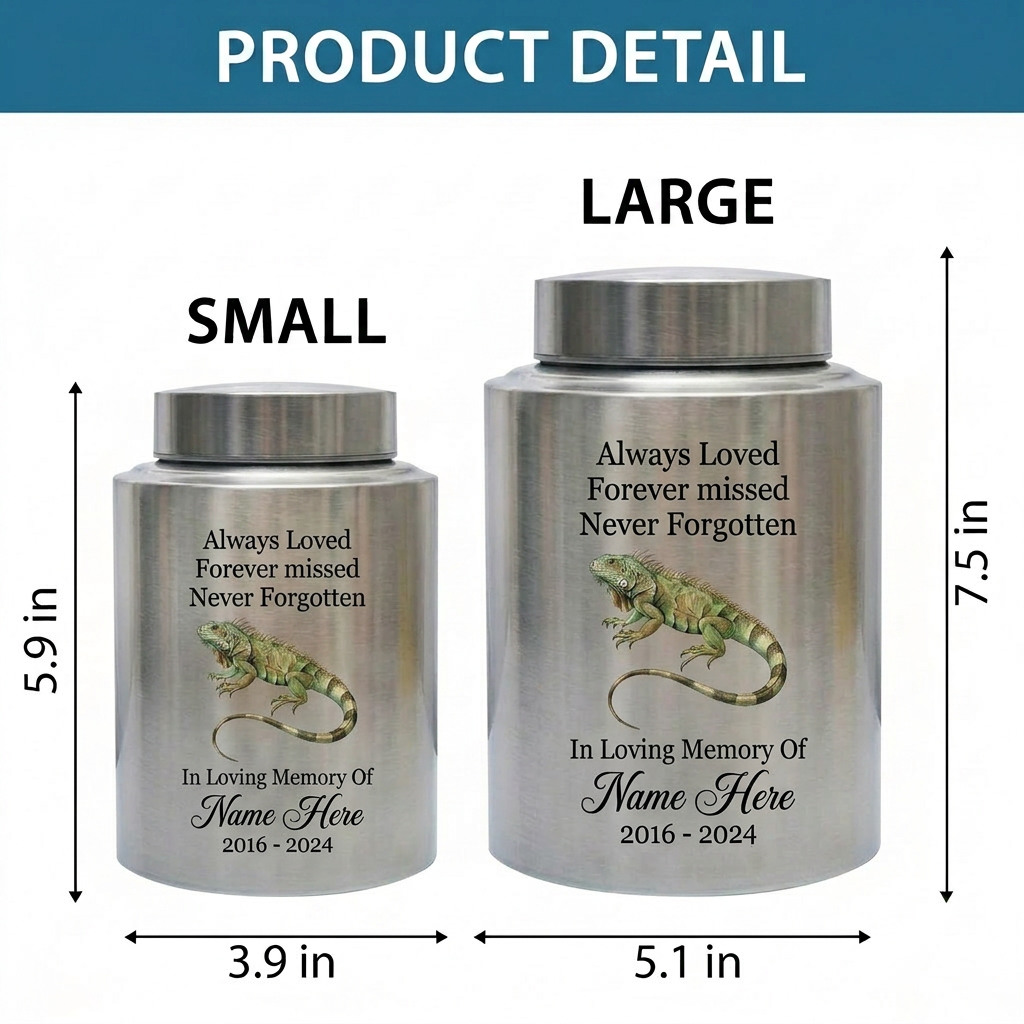 Personalized Iguana Cremation Urn for Human Ashes Stainless Steel Custom Name Dates UV Printed Reptile Lover Sympathy Keepsake 2 Sizes Memorial Keepsake Urn, Memorial Gift, In Loving Memory - Image 6