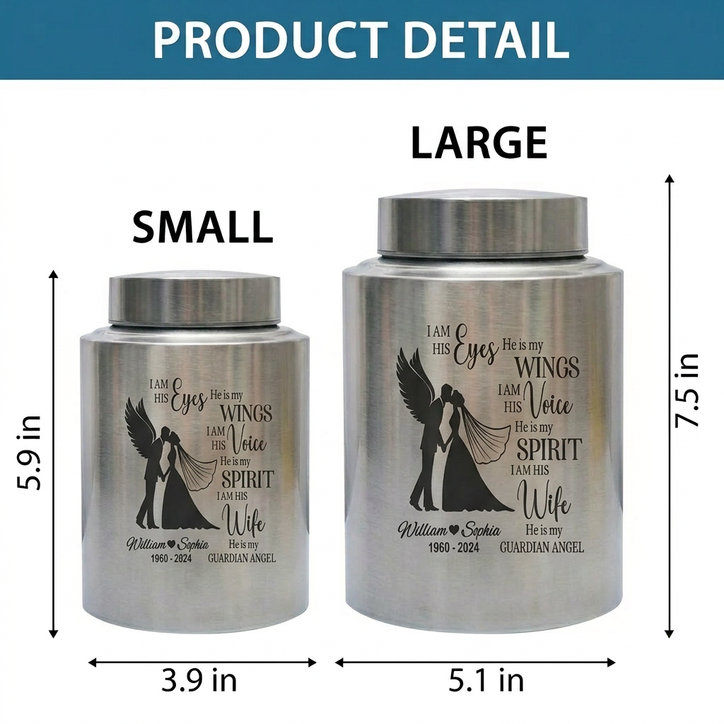 Personalized Couple in Heaven Stainless Steel Cremation Urn Loss of Husband Guardian Angel Keepsake for Widow Large or Small Ash Holder Memorial Keepsake Urn, Memorial Gift, In Loving Memory - Image 6