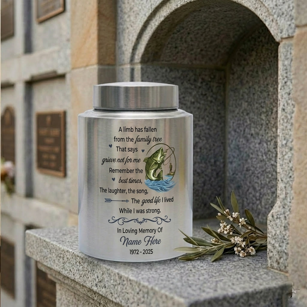Personalized Bass Fishing Fisherman Stainless Steel Cremation Ash Container, A Limb Has Fallen Family Tree Poem for Father Grandfather, Memorial Keepsake Urn, Memorial Gift, In Loving Memory - Image 7