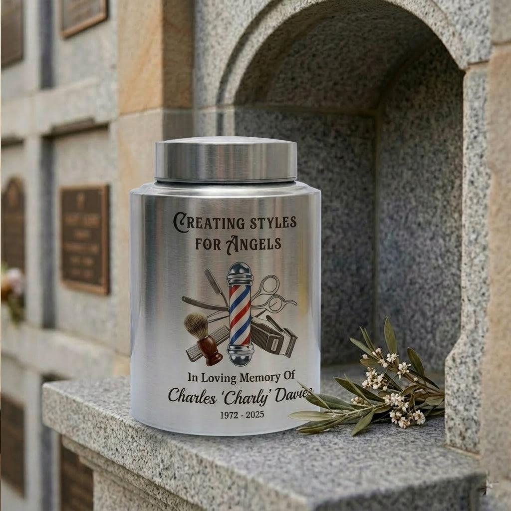 Personalized Master Barber Hair Stylist UV Printed Stainless Steel Urn for Ashes Cosmetologist Sympathy Bereavement Large Silver Black Gold Red Memorial Keepsake Urn, Memorial Gift, In Loving Memory - Image 7