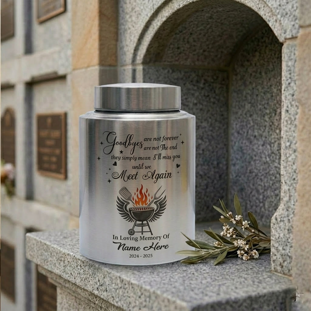 Personalized Custom Grilling Dad BBQ Father Stainless Steel UV Print Loss of Grandpa Goodbyes Are Not Forever Quote Large Small Memorial Keepsake Urn, Memorial Gift, In Loving Memory - Image 7