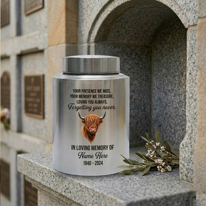 Personalized Highland Cow Stainless Steel Urn for Human Ashes, Sympathy Loss of Loved One Bereavement, Adult Ash Container 5.9in 7.5in, Memorial Keepsake Urn, Memorial Gift, In Loving Memory - Image 7
