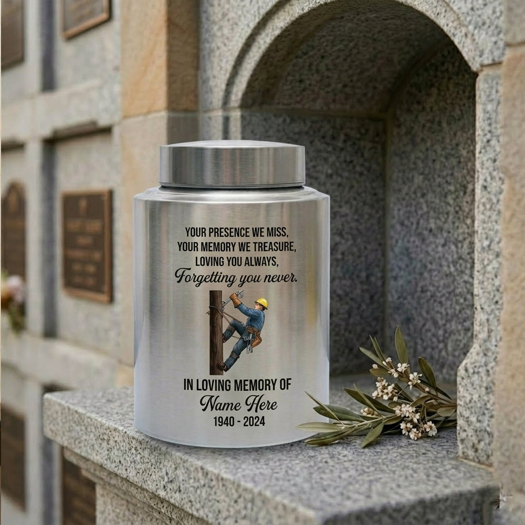 Personalized Lineman Electrician Cremation UV Printed Stainless Steel for Dad Husband Human Ashes Loss Small 5.9x3.9in Large 7.5x5.1in Memorial Keepsake Urn, Memorial Gift, In Loving Memory - Image 7