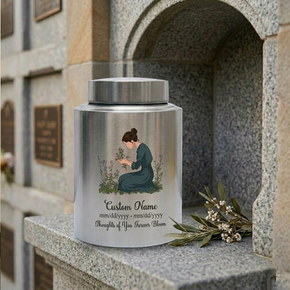 Personalized Gardening Theme Stainless Steel Cremation Urn for Mom Grandma, Custom Name Date Thoughts of You Forever Bloom Floral Ashes Holder, Memorial Keepsake Urn, Memorial Gift, In Loving Memory - Image 7