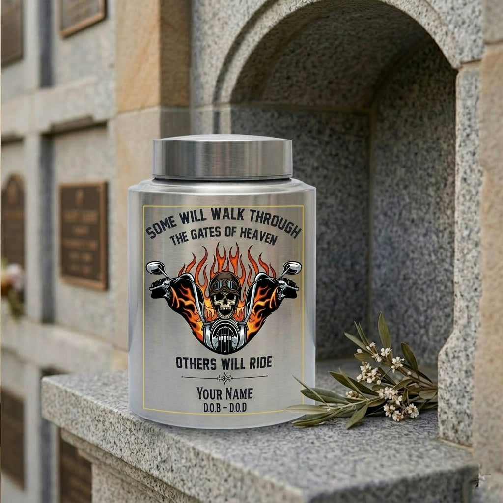 Personalized Motorcycle Riding in Heaven UV Printed Stainless Steel Urn for Adult Male Dad Biker Human Ashes Silver Black Gold Red Decorative Memorial Keepsake Urn, Memorial Gift, In Loving Memory - Image 7