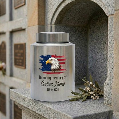 Personalized Eagle Cremation Urn for Human Ashes Adult Men Dad Veteran, UV Printed Metal Tribute Ash Container in Small 5.9in or Large 7.5in, Memorial Keepsake Urn, Memorial Gift, In Loving Memory - Image 7