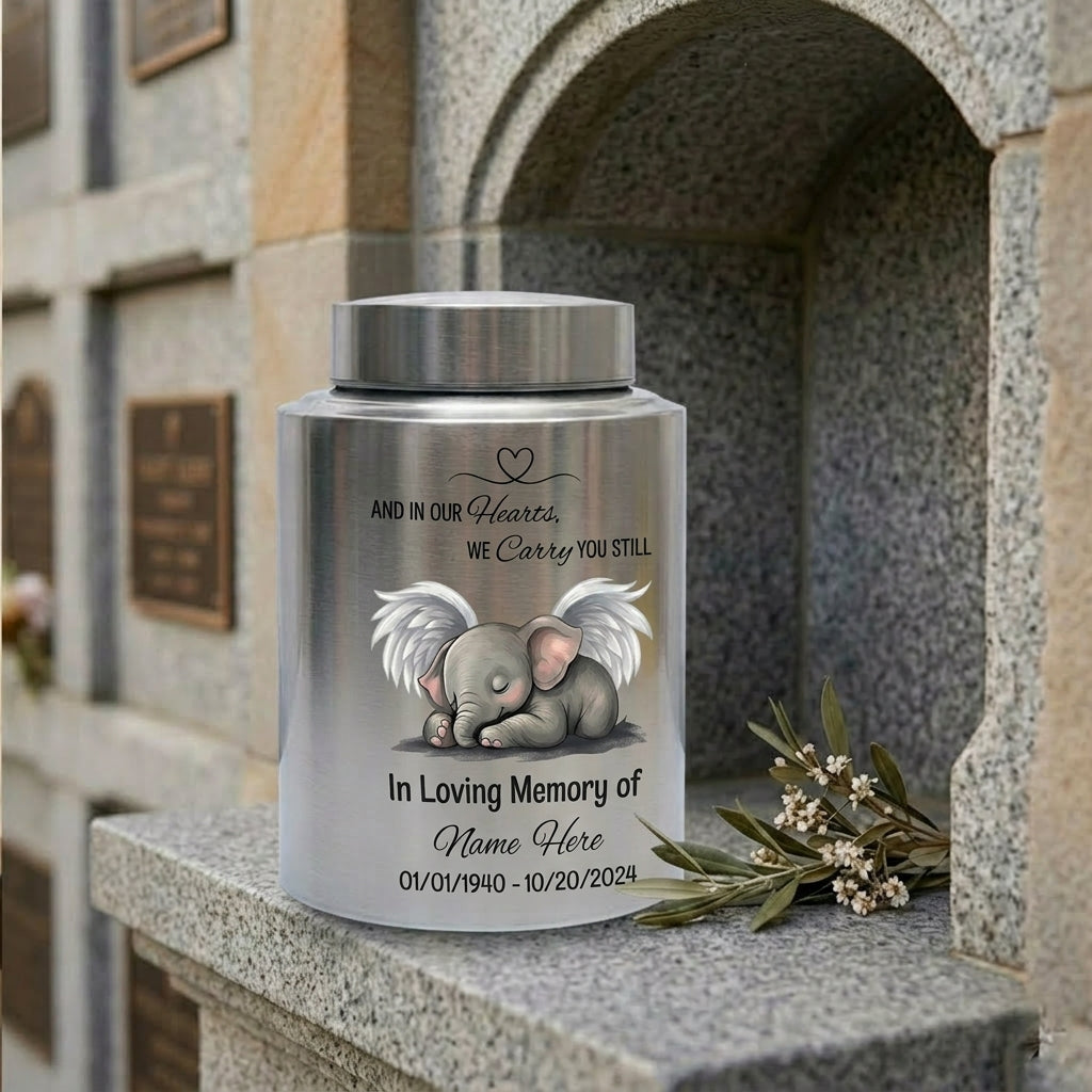 Personalized Baby Elephant Heart UV Printed Stainless Steel Infant Child Loss Bereavement And In Our Hearts We Carry You Still Quote Memorial Keepsake Urn, Memorial Gift, In Loving Memory - Image 7