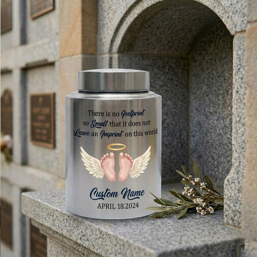 Personalized Angel Baby Footprint Stainless Steel Cremation Urn, Infant Loss Remembrance Container, Grieving Parent Sympathy Present, Memorial Keepsake Urn, Memorial Gift, In Loving Memory - Image 7