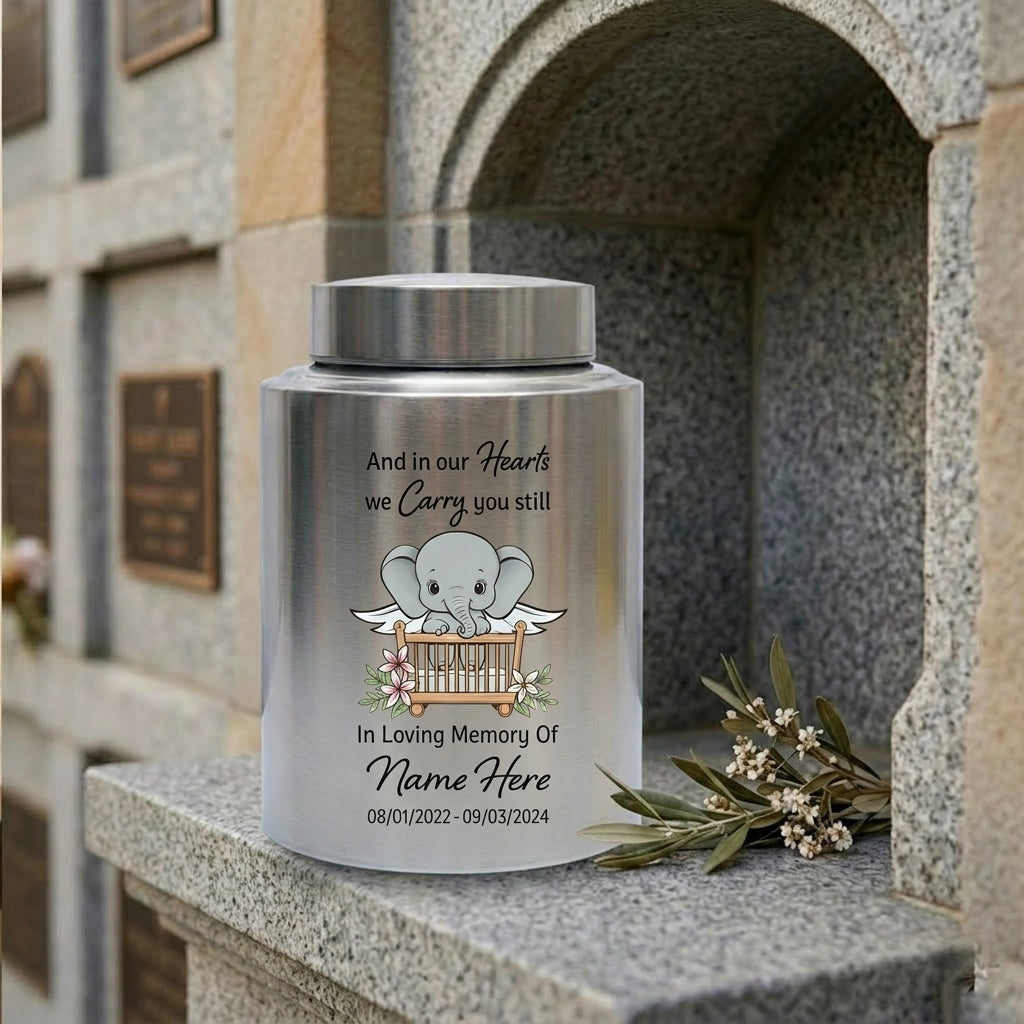 Personalized Baby Elephant UV Printed Stainless Steel Urn For Infant Child Loss Bereavement, Silver Black Gold Red Display, Memorial Keepsake Urn, Memorial Gift, In Loving Memory - Image 7